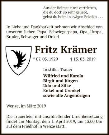 Traueranzeige von Fritz Krämer von Uelzen