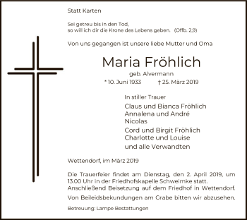 Traueranzeige von Fröhlich Maria von Uelzen