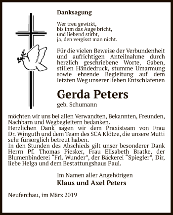 Traueranzeige von Gerda Peters von Uelzen