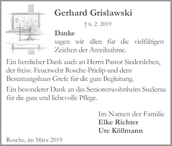 Traueranzeige von Gerhard Grislawski von Uelzen