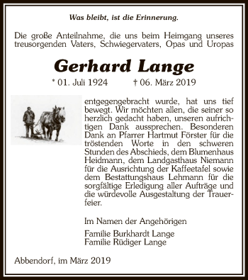 Traueranzeige von Gerhard Lange von Uelzen