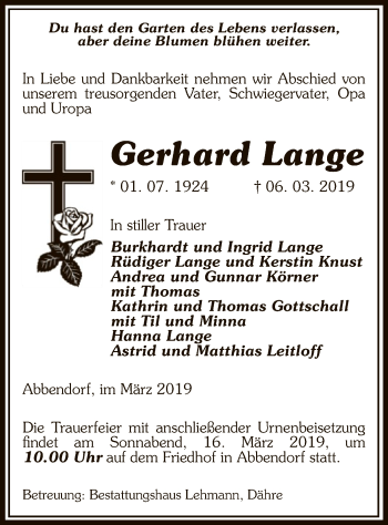 Traueranzeige von Gerhard Lange von Uelzen