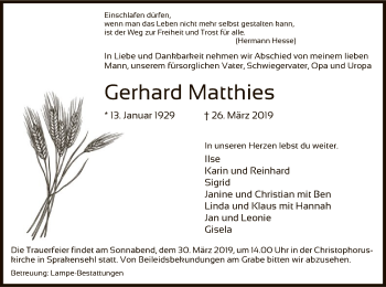 Traueranzeige von Gerhard Matthies von Uelzen