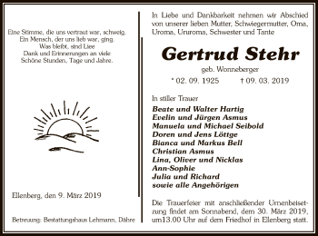 Traueranzeige von Gertrud Stehr von Uelzen