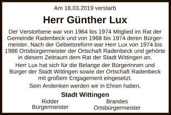 Traueranzeige von Günther Lux von Uelzen