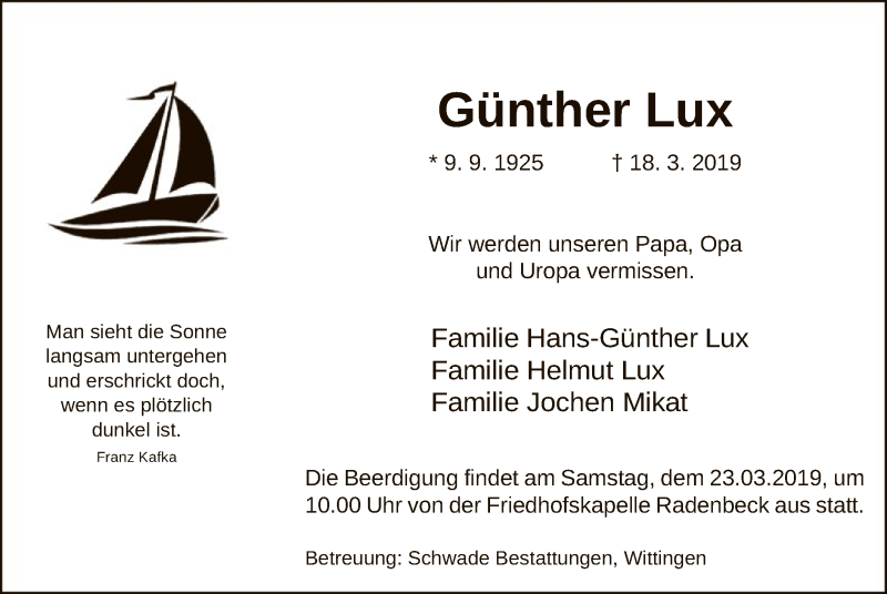  Traueranzeige für Günther Lux vom 21.03.2019 aus Uelzen