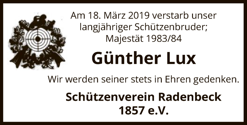  Traueranzeige für Günther Lux vom 22.03.2019 aus Uelzen