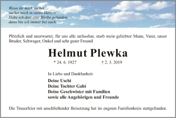 Traueranzeige von Helmut Plewka von Uelzen