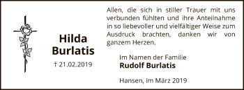 Traueranzeige von Hilda Burlatis von Uelzen