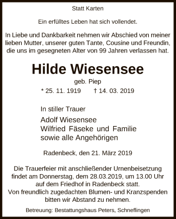 Traueranzeige von Hilde Wiesensee von Uelzen