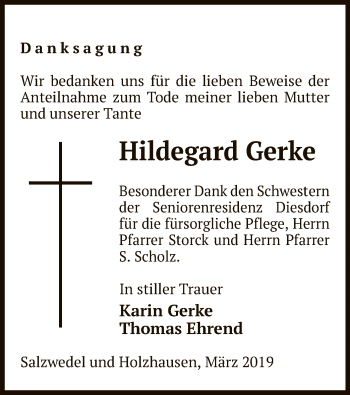 Traueranzeige von Hildegard Gerke von Uelzen