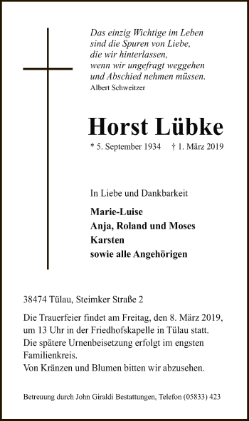 Traueranzeige von Horst Lübke von Uelzen