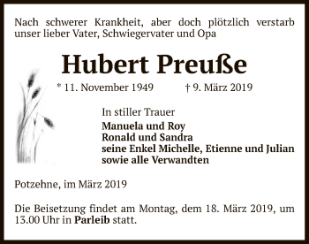 Traueranzeige von Hubert Preuße von Uelzen