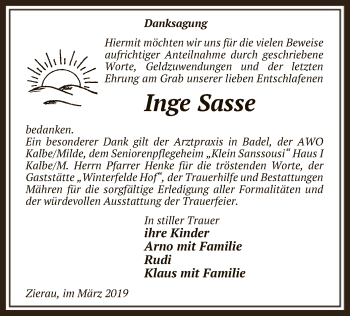 Traueranzeige von Inge Sasse von Uelzen