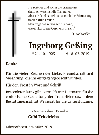 Traueranzeige von Ingeborg Geßing von Uelzen