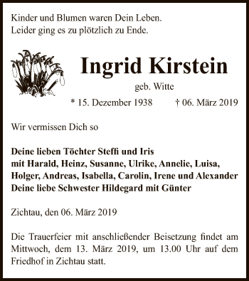 Traueranzeige von Ingrid Kirstein von Uelzen