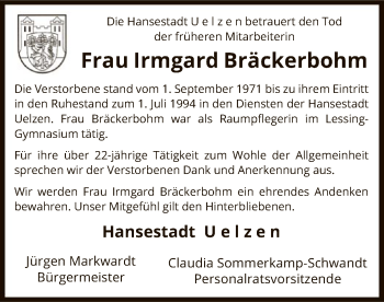 Traueranzeige von Irmgard Bräckerbohm von Uelzen