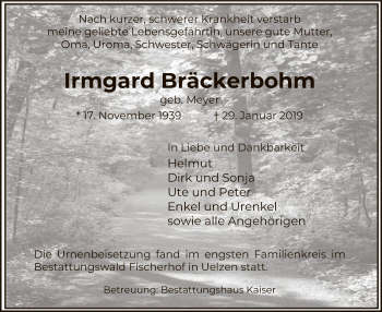 Traueranzeige von Irmgard Bräckerbohm von Uelzen