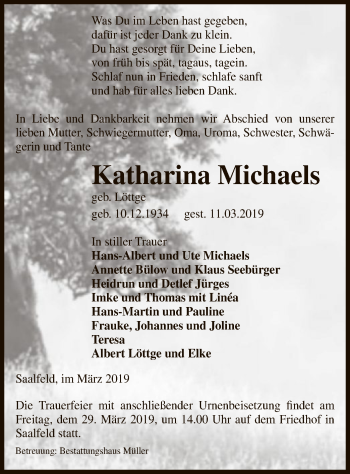 Traueranzeige von Katharina Michaels von Uelzen