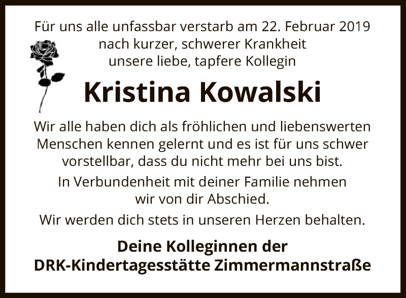  Traueranzeige für Kristina Kowalski vom 09.03.2019 aus Uelzen