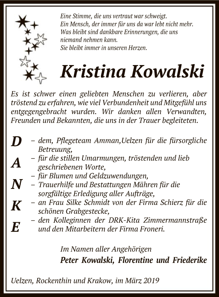  Traueranzeige für Kristina Kowalski vom 14.03.2019 aus Uelzen