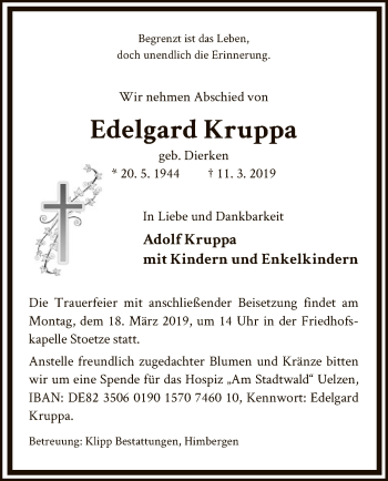 Traueranzeige von Kruppa Edelgard von Uelzen