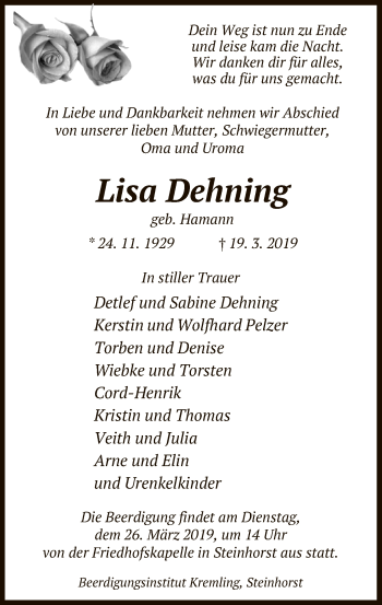 Traueranzeige von Lisa Dehning von Uelzen