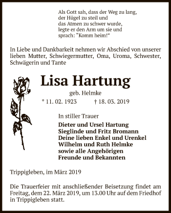 Traueranzeige von Lisa Hartung von Uelzen