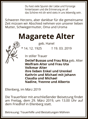 Traueranzeige von Magarete Alter von Uelzen