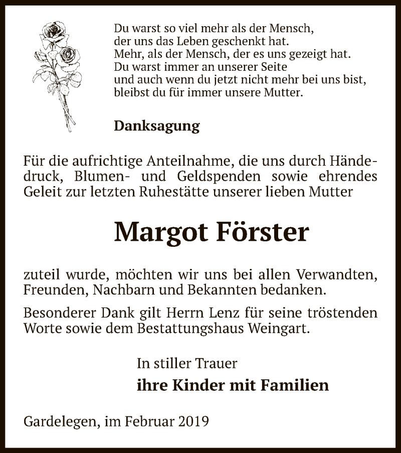  Traueranzeige für Margot Förster vom 01.03.2019 aus Uelzen