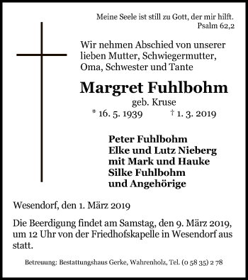 Traueranzeige von Margret Fuhlbohm von Uelzen