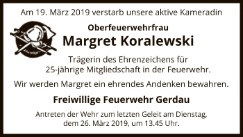 Traueranzeige von Margret Koralewski von Uelzen