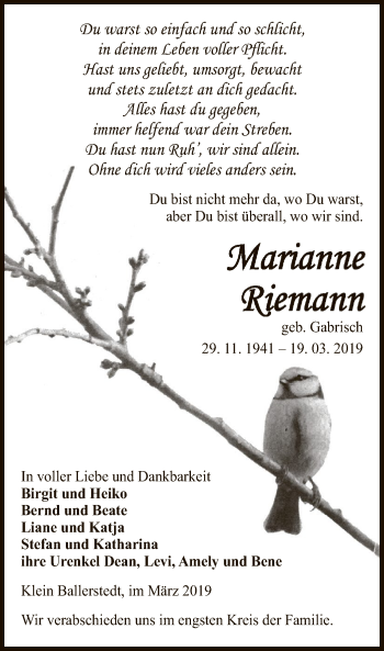 Traueranzeige von Marianne Riemann von Uelzen