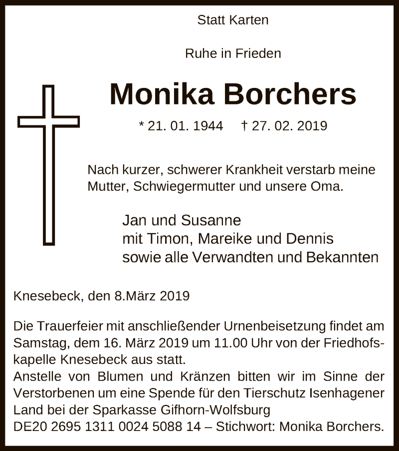  Traueranzeige für Monika Borchers vom 08.03.2019 aus Uelzen