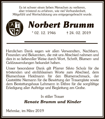 Traueranzeige von Norbert Brumm von Uelzen