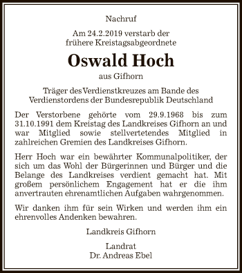 Traueranzeige von Oswald Hoch von Uelzen