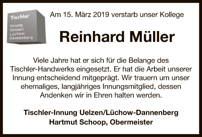  Traueranzeige für Reinhard Müller vom 20.03.2019 aus Uelzen
