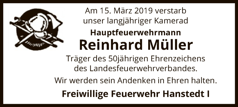  Traueranzeige für Reinhard Müller vom 19.03.2019 aus Uelzen