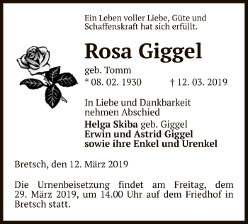 Traueranzeige von Rosa Giggel von Uelzen