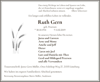 Traueranzeige von Ruth Gern von Uelzen