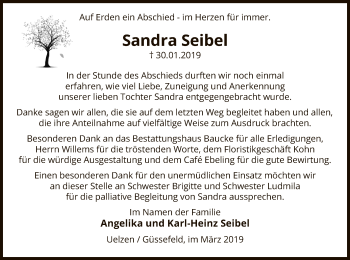 Traueranzeige von Sandra Seibel von Uelzen