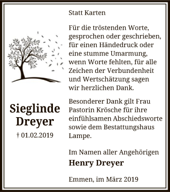 Traueranzeige von Sieglinde Dreyer von Uelzen