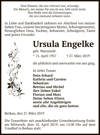 Traueranzeige von Ursula Engelke von Uelzen