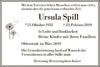 Traueranzeige von Ursula Spill von Uelzen