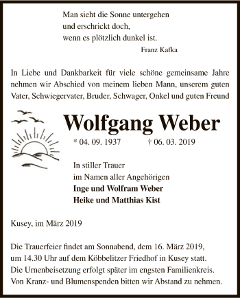 Traueranzeige von Wolfgang Weber von Uelzen