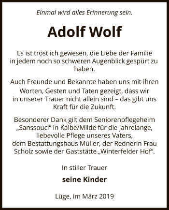 Traueranzeige von Adolf Wolf von Uelzen