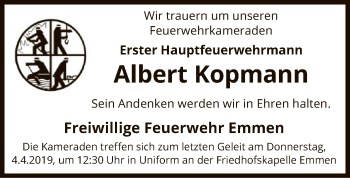 Traueranzeige von Albert Kopmann von Uelzen