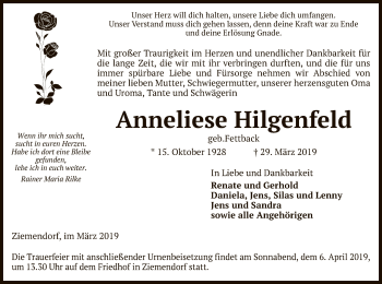 Traueranzeige von Anneliese Hilgenfeld von Uelzen