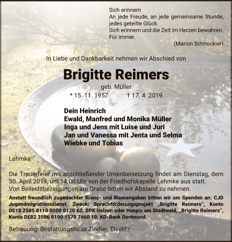  Traueranzeige für Brigitte Reimers vom 24.04.2019 aus Uelzen