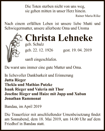 Traueranzeige von Christa Lehneke von Uelzen